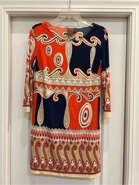 Ali Ro Orange & Navy Long Sleeve Printed Shift Dress